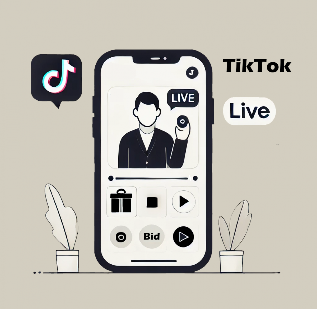 Illustration eines Smartphones mit einer TikTok Live Shopping-Szene. Ein Host präsentiert ein Produkt, während interaktive Symbole für Käufe, Gebote und Live-Interaktion zu sehen sind. Links das TikTok-Logo, rechts die Worte "TikTok Live".